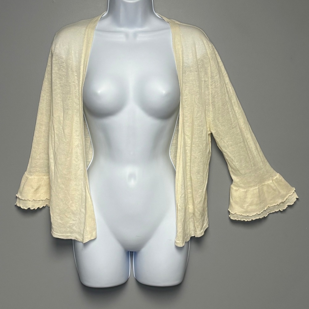 Loft Linen Blend 90s Feminine Semi Sheer Ruffle Sleeve Cropped Cardigan Sz L